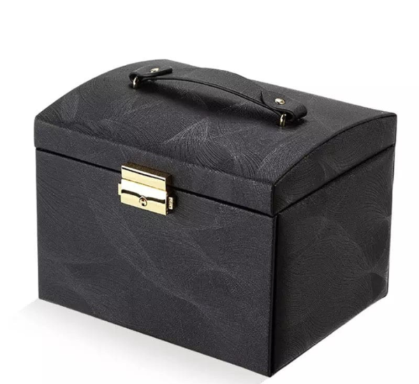 Elegant large-capacity jewelry box with PU leather exterior, velvet lining, built-in mirror, secure lock, and multiple storage compartments.