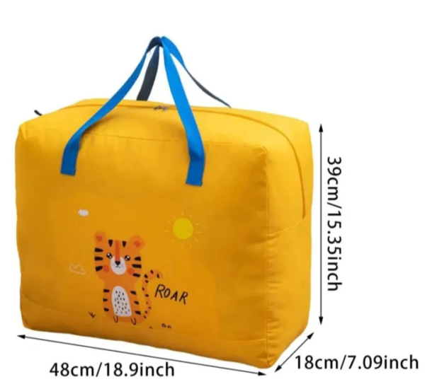 Durable canvas travel & storage bag with a cartoon print, zipper closure, and a sturdy nylon strap for easy carrying.