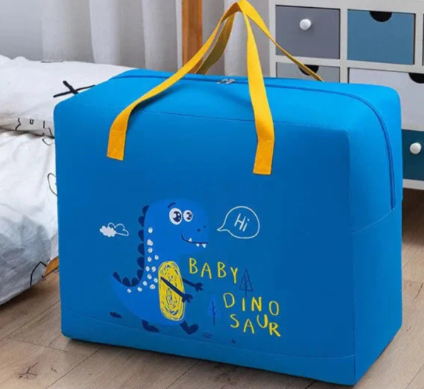 Durable canvas travel & storage bag with a cartoon print, zipper closure, and a sturdy nylon strap for easy carrying.